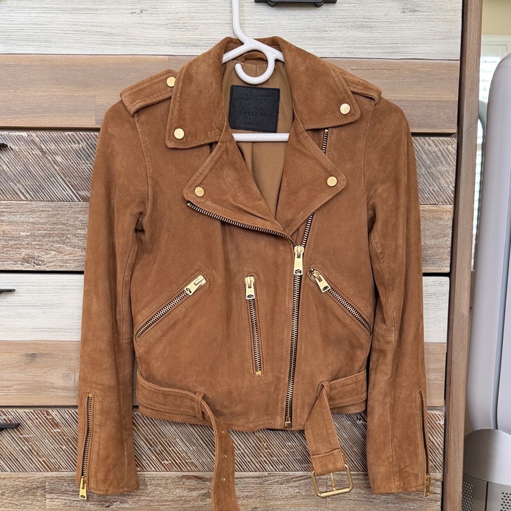 All Saints Suede Moto Jacket in Chestnut